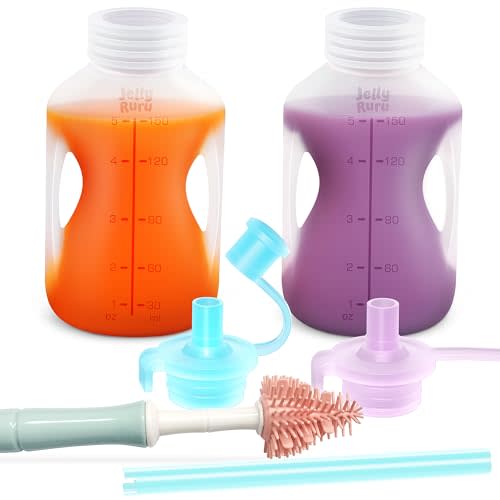 Jelly Ruru Silicone Reusable Baby Food Pouches with Straws, Leakproof Refillable Squeeze Pouches, Dishwasher, Freezer, Microwave Safe, Baby Food Storage for Homemade Puree, Yogurt