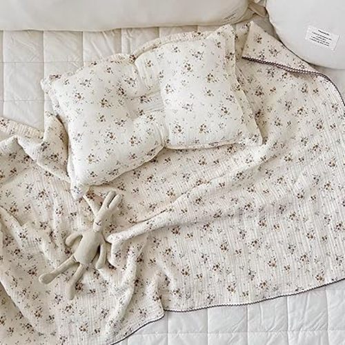 Vintage Floral Muslin Toddler Blanket Crapemyrtle Pattern, 47"x51"