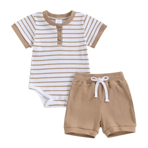 MA&BABY Newborn Baby Boy Clothes Ribbed Knit Stripe Romper Solid Shorts Set | Infant Boys Summer Outfits 0 3 6 9 12 18 Months, Short Sleeve, Checkered, Cute Soft Cotton 2Pcs Clothing Set