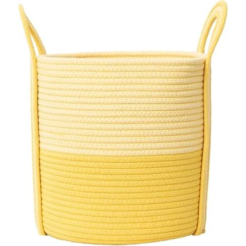 Cotton Rope Laundry Basket with Handles, 40L Woven Collapsible Storage Hamper for Kids, Nursery, Bedroom & Laundry Room - Multi-Color Dopeamine Design, Basket for Clothes, Toys& Blankets (Yellow)