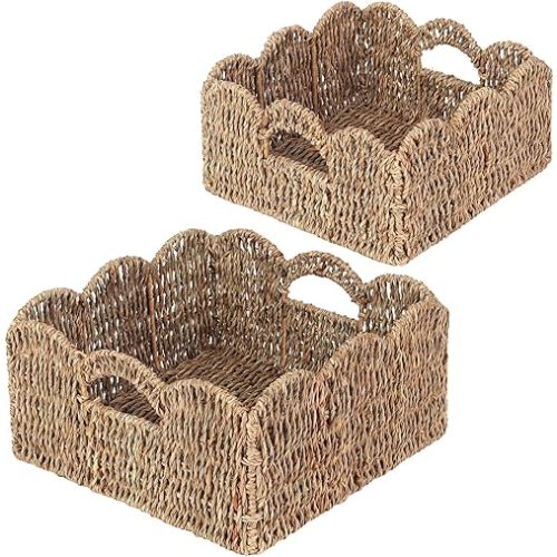 Scalloped Baskets (Natural-Set of 2) Basket Living Room Organizer, Water Hyacinth Baskets For Decor, Woven Basket for Bathroom, Bedroom, Laundr (2, Dark Brown)