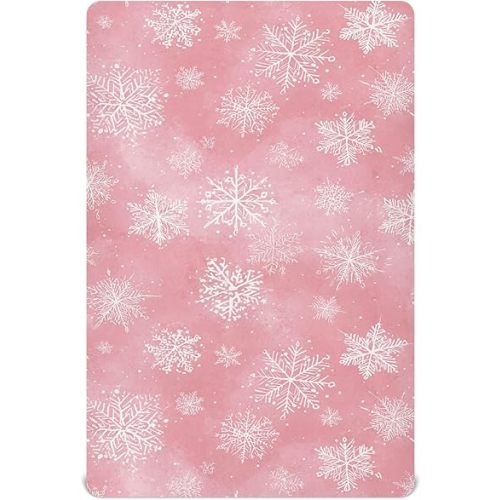Pfrewn Christmas Crib Sheets for Boys Girls Pink Retro Snowflakes Fitted Crib Sheet for Mini Crib Mattress Stretch Soft Winter Pattern Toddler Baby Playard Sheet,39x27IN