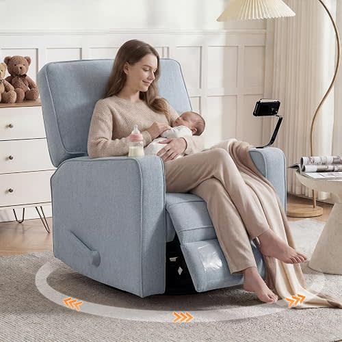 360° Swivel Rocker Recliner Chair with Adjustable Footrest, Rocking Chair Nursery with Phone Stand & Cup Holder,Manual Nursing Chair Glider Recliner Armchair for Adults, Living Room (Blue)