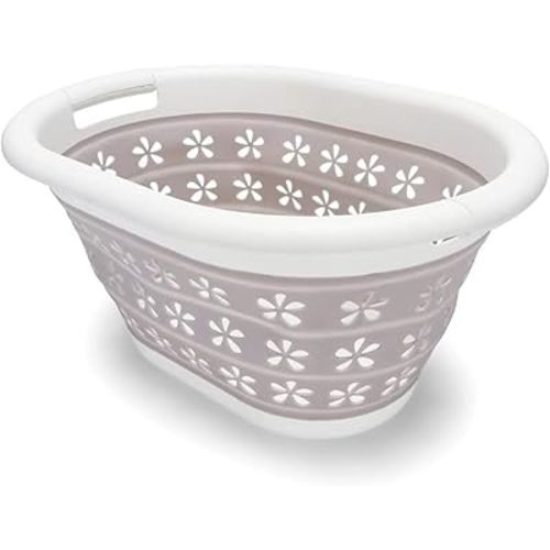 Camco Collapsible Laundry Basket | Features Simple Pop-Open & Collapse-Down Design | Waterproof for Easy Clean-Up | Measures 14.5” x 19.75” x 2.5”/10” Collapsed/Expanded, Taupe & White (51951)