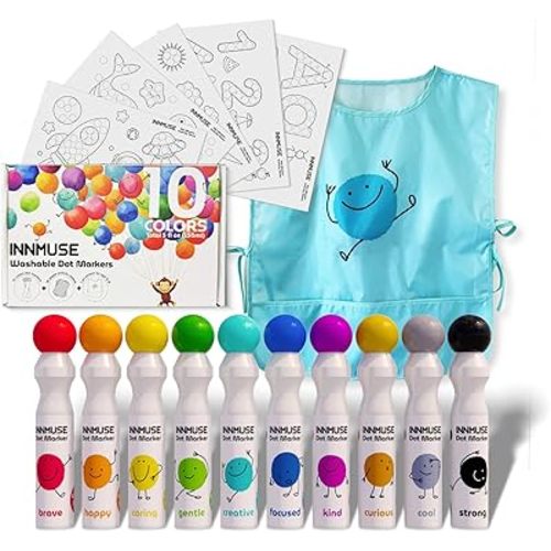 10-Color Washable Dot Markers for Toddlers, Bingo Daubers for Kids, Mess-Free Dot Paint Set with Smock, Activity Sheets & Printable PDF, Preschool Arts & Crafts Kit