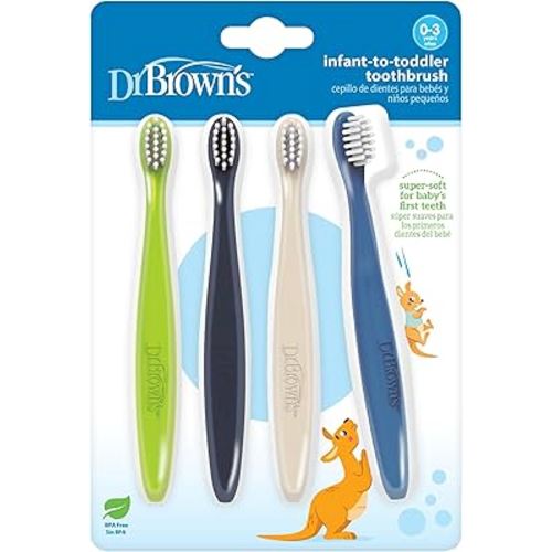Dr. Brown's Infant-to-Toddler Toothbrush Set, Soft & Gentle Manual Toothbrushes for Baby, Green/Dark Blue/Ecru/Blue, BPA Free, 0-3 Years – 4-Pack
