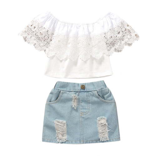 Fancifize Girls Cropped Outfits Off The Shoulder Ruffle Trim Lace Tops and Shorts Casual Going Out Summer Kids Clothing Set with Pockets 1-6 Years