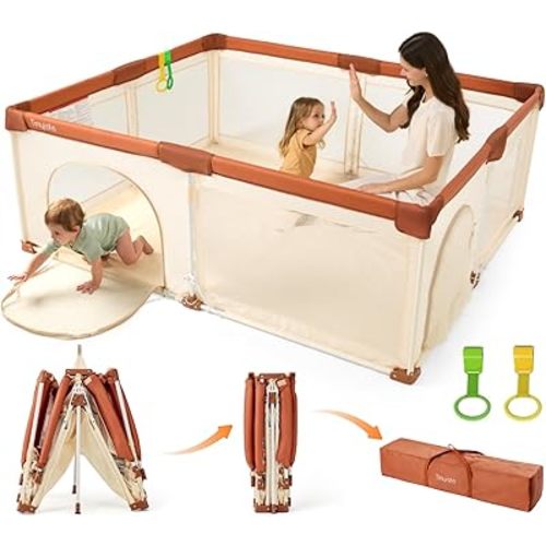 Tinyiota Foldable Baby Playpen, 59x71 Inch Portable Play Yard for Babies and Toddlers with Soft Breathable Mesh, Storage Bag & 2 Pull-Toy Handles for Indoor & Outdoor (Brown, 59x71)