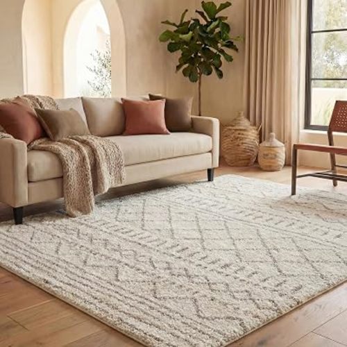 SAFAVIEH Area Rug 9x12 - Arizona Shag Collection - Large - Ivory & Beige, Moroccan Boho Design, Non-Shedding & Easy to Clean, Ideal for Living Room, Bedroom, Dining Space (ASG741A)