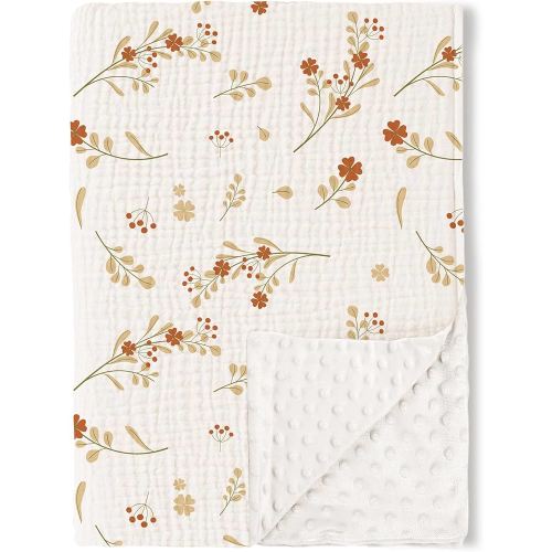 Konssy Baby Blankets for Unisex Boys Girls, Super Soft Nursery Minky Blankets with Muslin Cotton Front and Dotted Fleece Backing, Printed Bed Throws Newborn