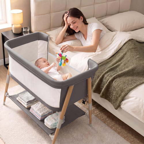 suihuooo Baby Bassinet Bedside Sleeper Crib for Newborn Boys Girls, Height Adjustable,Wheels And Mattress, Grey