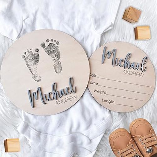 NAZENTI Personalized Baby Name Announcement Wooden Signs, Custom Birth Announcement And Footprint Sign For Hospital, Welcome Sign For Decor, Baby's Arrival Decor, Gifts For Baby Girl Or Boy Shower