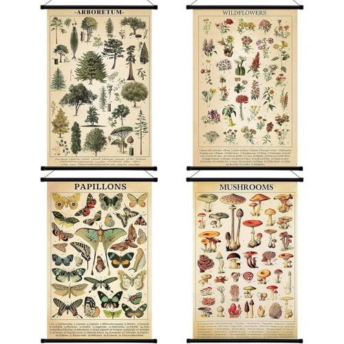 4 Pcs Vintage Mushroom Wildflowers Poster Fungus Butterfly Tree Wall Hanging Prints Illustrative Reference Chart Poster for Classroom Living Room Decor, 15.7 x 23.6 Inch