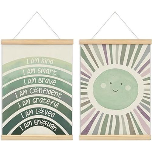 foedor Nursery Kids Room Bedroom Wall Art Decor Boho Cute Positive Affirmations Wall Decor for Toddler Baby Girls Room Classroom Calming Corner Playroom Bathroom Wooden Poster Frames 12x16 Sage Green