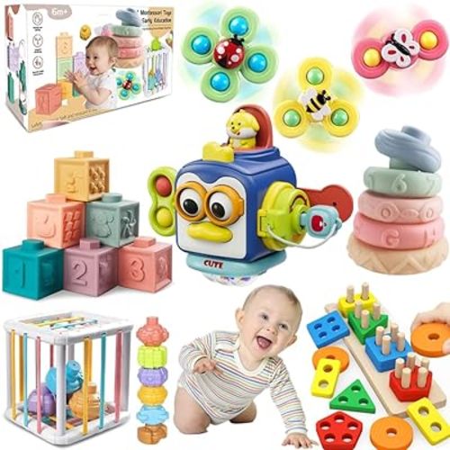 Baby Toys 6-12 Months, Montessori Toys for Toddlers 1-3 Year Old, Busy Cube Teether Infants Bath 6 in 1 Stacking Blocks Rings, Suction Cup Spinner, Shape Bin Sensory (0035)