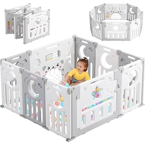 Baby Playpen, Dripex Baby Playard for Babies and Toddlers, 10-Panel Foldable Playpen Adjustable Portable Play Area, Indoor/Outdoor Kids Active Center with Game Panel & Safety Gate, Grey White