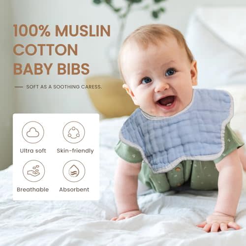 MUKIN Baby Drooling Towel, Snap Bibs, Muslin Bibs, 6 Pack, Adjustable, Soft Cotton (Gradient Blue)