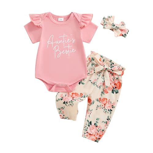 Aunties Bestie Baby Clothes Girl Baby Girl Aunt Saying Letter Romper Shirt Floral Flare Pants Headband 3Pcs Outfit