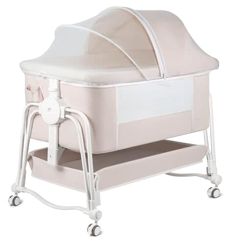 suihuooo 4 in 1 Baby Bassinet Bedside Sleeper, Rocking Baby Crib with Lockable Wheels, Storage, Mosquito Net and Matress Included, 7 Level Adjustable Bedside Bassinet for Baby Newborn(Cream)