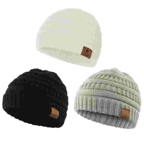 American Trends Warm Baby Knit Hat Cute Cozy Chunky Winter Cap Infant Toddler Baby Beanies for Boys Girls 3 Pack Black & White & Light Grey