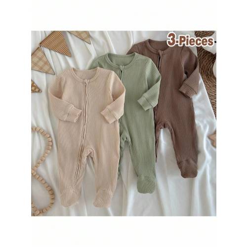 Loomiva Newborn Baby 3 PiecesSoft Knit Outfit Set - Long Sleeve Romper & Pants Newborn Zipper Pajamas Neutral Baby Clothes Unisex Baby Ribbed Zipper Pajamas Fall Winter | SHEIN USA