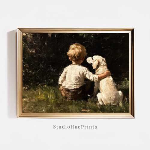 Boy and Dog Vintage Printable Wall Art, Dog Wall Art, Antique Vintage Oil Painting, Farmhouse Decor, Dog Nursery Print, Nursery Wall Art