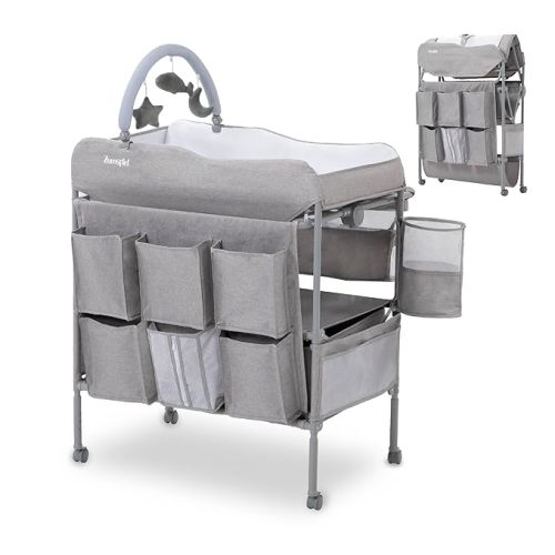 Baby Changing Table, Versatile Portable Folding Changing Table, Waterproof Diaper Changing Station with Waste Basket, Adjustable Height with 2 Drawers, Baby Changing Station for Infant and Newborn