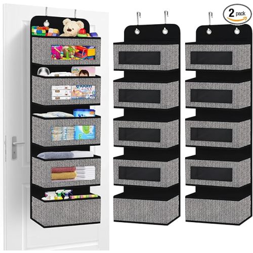 2 Pack Over the Door Hanging Organizer with 5 Large Pocket and Clear Window, Sturdy Over the Door Storage Organizer for Dorm, Pantry, Closet, Nursery (Black)