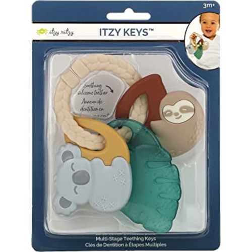 Itzy Ritzy Teething Keys Baby Teether Toy - Features a Braided Texture Ring & Keys, Includes a Water-Filled Leaf-Shaped Teether & Silicone Sloth & Koala Teething Toys, Ideal for Ages 3 Months & Up
