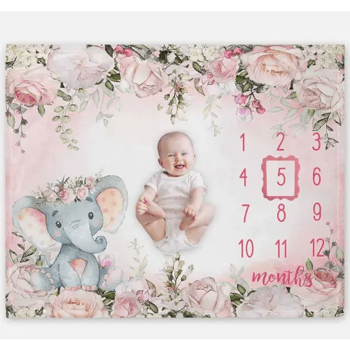 Yuzioey Baby Girl Monthly Milestone Blanket, Floral Elephant Month Blanket for Newborn Baby Shower, Pink Elephant Girl Flower Blanket Growth Chart Monthly Blanket, Includes Marker (50x40)