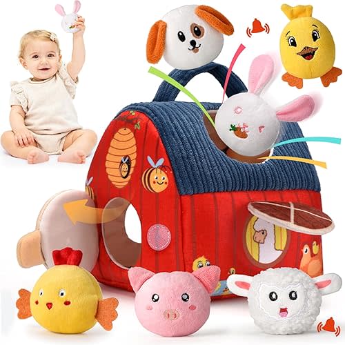 Montessori Jouets pour bébé de 6 à 12 mois – Ensemble de jeu doux avec 6 animaux de la ferme en peluche, hochet, papier froissé et miroir, jouets sensoriels pour nourrissons et tout-petits de 1 à 3