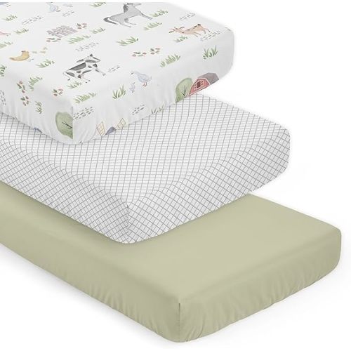 3-Piece Baby Crib Sheets Set (Farm Animals) for Girls/Boys, Infant Nursery, Toddler Room - Fitted, Standard Size (White & Grey Lattice, Solid Sage Green & Watercolor Farmhouse Barn)