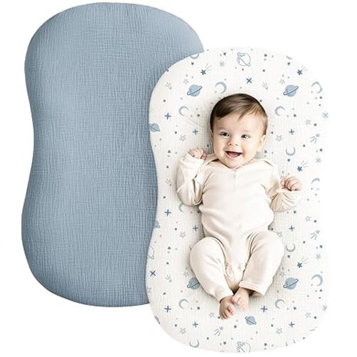 Konssy Muslin Baby Lounger Cover 2 Pack, 100% Cotton Newborn Lounger Cover, Soft and Breathable Baby Nest Slipcover for Boys Girls (Star,Blue)