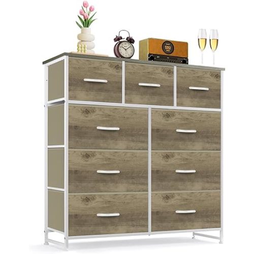 9-Drawer Dresser for Bedroom, Anti-Tip Tall Storage Organizer Chest of Drawers with Wooden Top and Metal Frame Fabric Bins for Closet, Living Room, Hallway, Entryway, Greige Oak