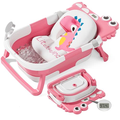TPN Collapsible Baby Bathtub, Baby Bath Tub with Soft Cushion & Real-Time Thermometer, Baby Bathtub Infant to Toddler Tub (0-36 Months), Portable Travel Baby Tubs for Newborns (Pink)