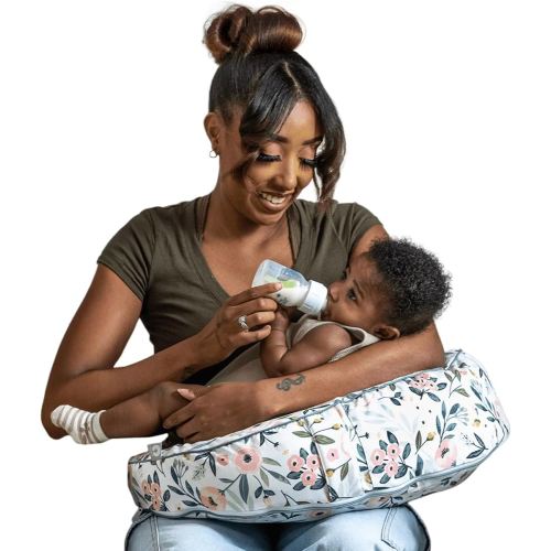 Boppy Uplift Nursing Pillow - Wedge Bottle & Breastfeeding Pillow to Reduce Spit-Up and Reflux Symptoms, with Body-Inclusive Opening and Belt, Baby Safety Alliance Verified - Pink Garden Flowers