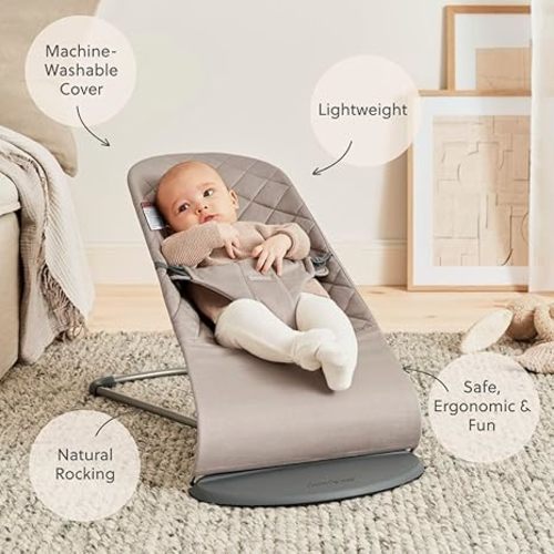 BabyBjörn Bouncer Bliss, Sand Gray, Woven, Classic Quilt | 2-in-1 Adjustable Baby Bouncer Seat and Toddler Chair, Newborn to Toddler (8-29 lbs), 4 Positions, Lightweight & Portable