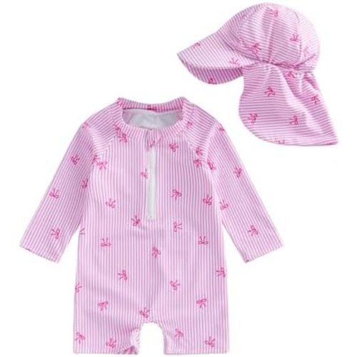 KMBANGI Newborn Toddler Baby Girl Bows Swimsuit Seersucker Bathing Suit Long Sleeve Stripes Rash Guard Cute Swimwear with Hat
