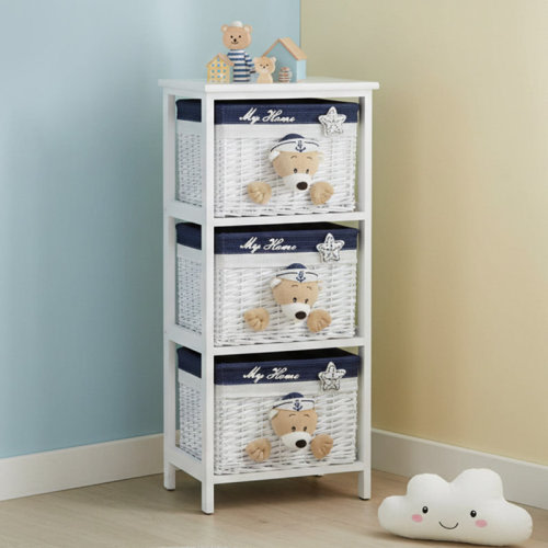 3 Drawer Wooden Cabinet with Wicker Storage Baskets and Tan Teddy Bear Design for Home Organization | Wayfair