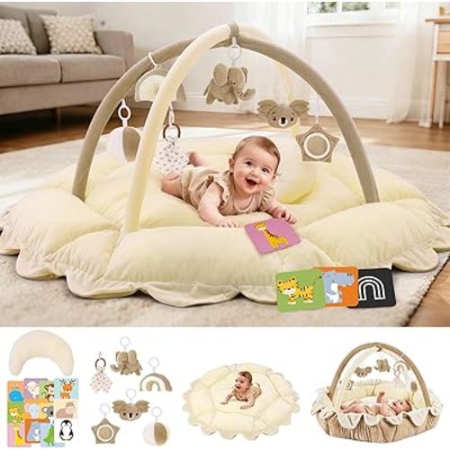 5-in-1 Baby Activity Gym & Play Mat with 6 Hanging Toys, Tummy Time Pillow & Cards - Extra Large, Reversible Machine Washable Pad - Gift for Newborns, Infants 0-12 Months, Cream