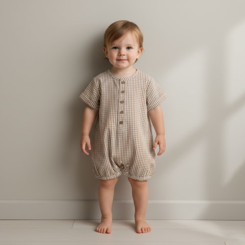 Organic Short Bubble Romper - Caramel Check