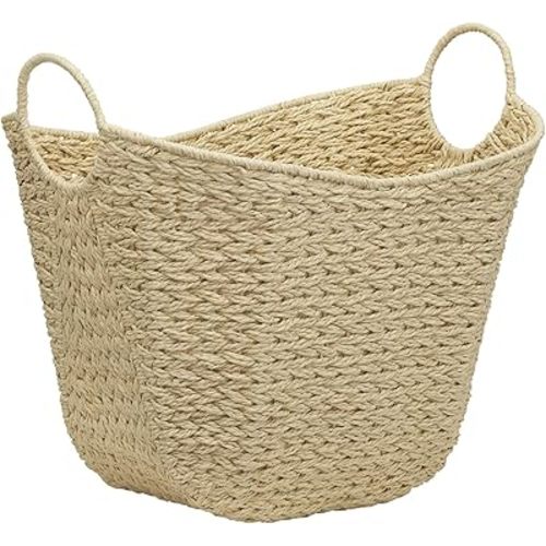 Household Essentials Cream Paper Rope Basket with Handles, Natural Woven Storage Basket