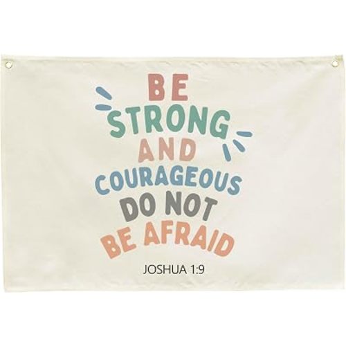 Christian Bible Verses Art-Scripture Flag Sign Gift for Baby Newborn Boys Girls Kids- Banner Pennant Wall Decor Gift for Nursery Bedroom Playroom-Baby Gift Shower-Be Strong and Courageous