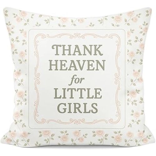 Thank Heaven for Little Girls Pillow Covers 18x18, Christian Girl Nursery Decor, Vintage Farmhouse Pink Floral Decorative Throw Pillow Covers for Little Toddler Baby Girls Room Bedroom Home