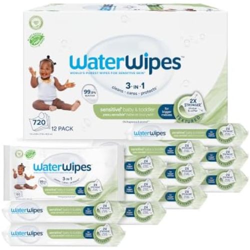 WaterWipes Sensitive+ Baby & Toddler Wipes, 3-In-1 Cleans, Cares, Protects, 99.9% Water, Textured Clean, Unscented & Hypoallergenic, 720 Count (12 Packs)