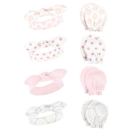 Hudson Baby Infant Girl Cotton Headband and Scratch Mitten Set, Lace Medallion, 0-6 Months