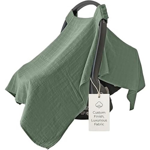 MOZAH Baby Car Seat Cover - Roman Green - 100% Organic Muslin - Soft, Breathable and Lightweight, Baby Infant Car Seat Essentials