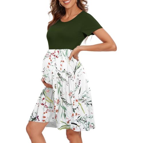 Women's Short Sleeve Maternity Dress Patchwork Pregnancy Clothes with Pockets