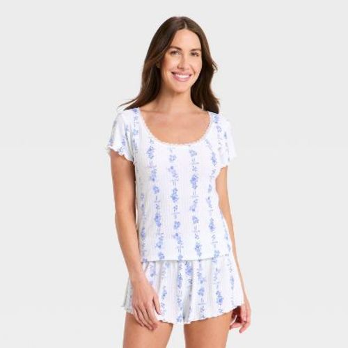Women's Pointelle Short Sleeve Shirt and Shorts Pajama Set - Auden™ Blue Floral M