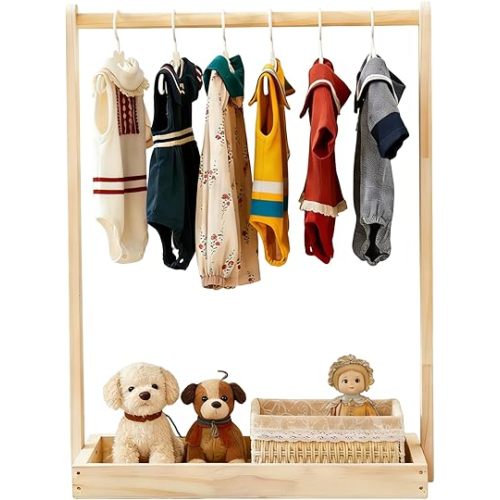 Baby Clothing Rack for Baby Shower, Pets Clothes Rack with Storage Box & Hanging Rod for Dogs Cats Dolls Clothes Display, Mini Baby Shower Crate Closet Rack (Natural)